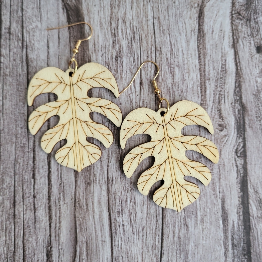 Tropical Monstera Leaf-Shaped Wooden Earrings